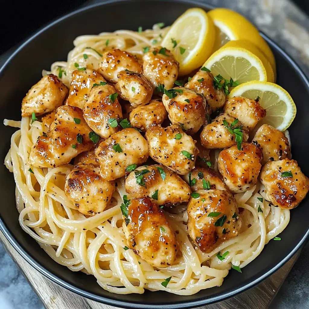 A bowl of spaghetti topped with tender chicken pieces coated in a glossy sauce, garnished with parsley and served with lemon wedges.