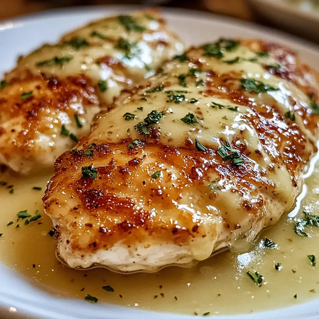 Two pieces of golden-brown fish fillet topped with creamy sauce and sprinkled with chopped parsley, served on a white plate.