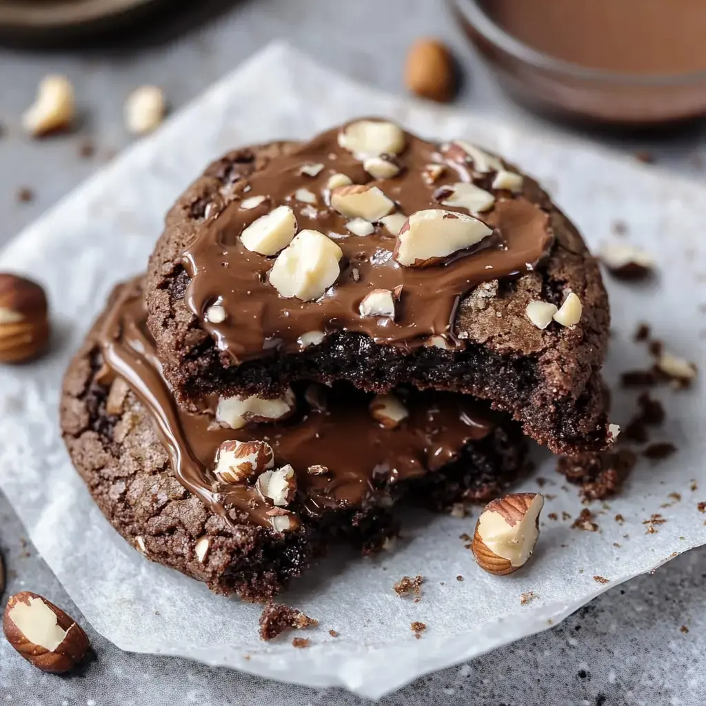 A close-up of two chocolate cookies, one partially bitten, topped with melted chocolate and chopped nuts, placed on parchment paper with whole nuts scattered around.