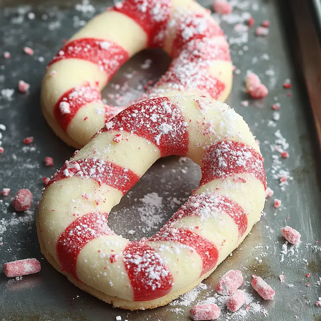 Two decorative sugar cookies shaped like candy canes, lightly dusted with powdered sugar and surrounded by crushed candy pieces.