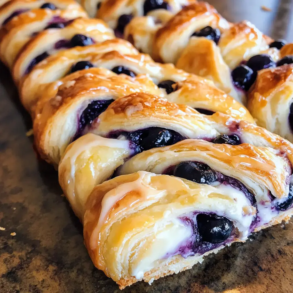 A close-up of a braided pastry filled with blueberries and cream, drizzled with icing.