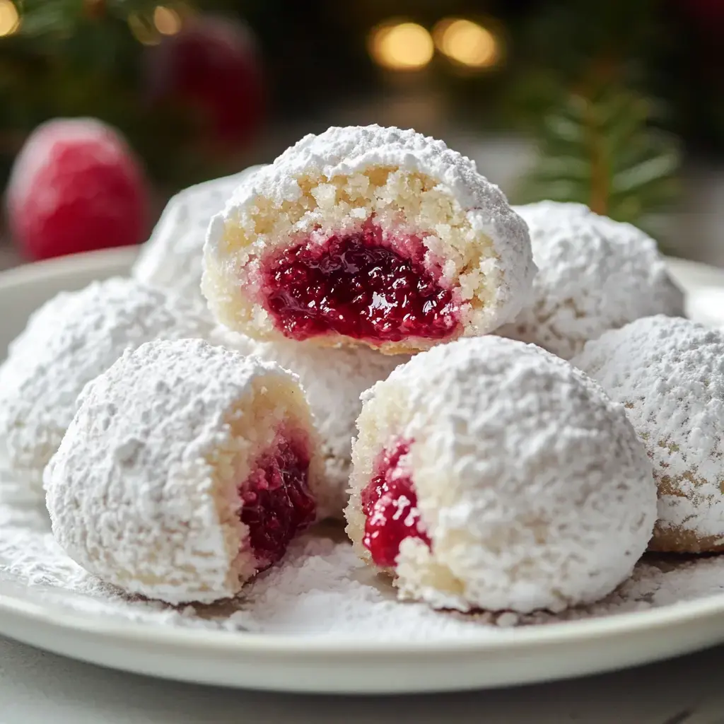 A plate of powdered sugar-coated cookies filled with red fruit jam, some cookies are cut to show the filling.