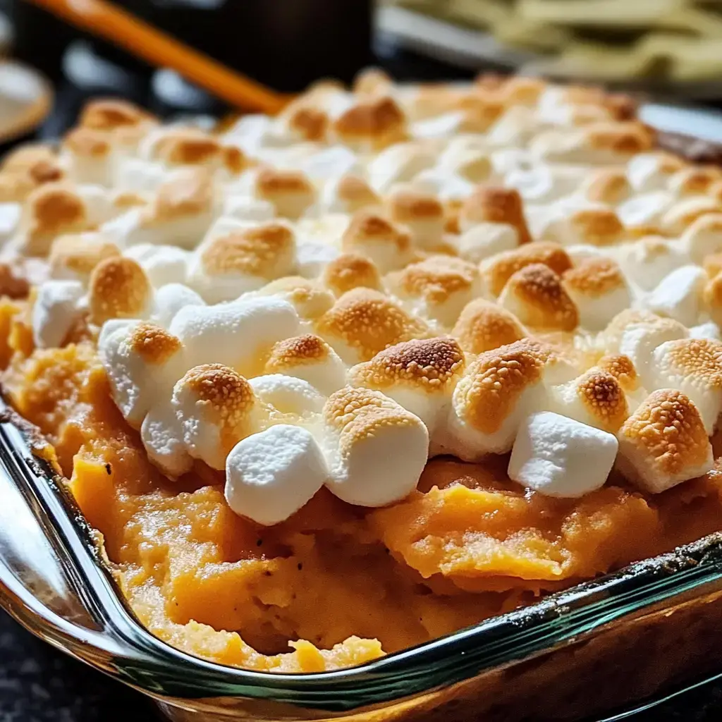 A close-up image of a baked sweet potato dish topped with golden-brown mini marshmallows.