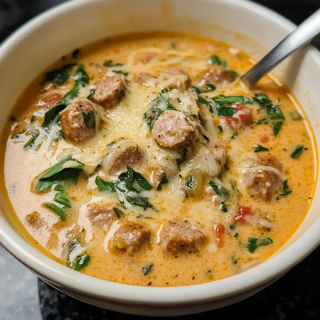 A bowl of creamy soup with sausage pieces, spinach, and cheese, garnished with fresh herbs.