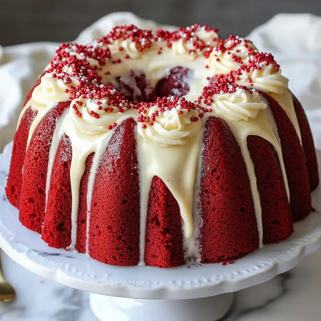 A red velvet bundt cake topped with creamy frosting and red sprinkles is displayed on a white cake stand.