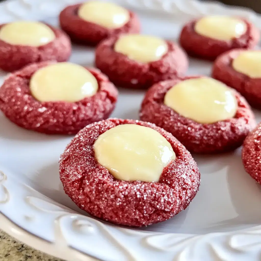 A platter of red velvet cookies with yellow cream filling in the center.