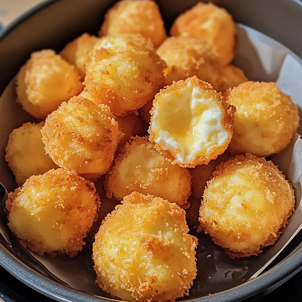 A bowl of golden, crispy, cheese-filled balls, with one halved to reveal its creamy interior.