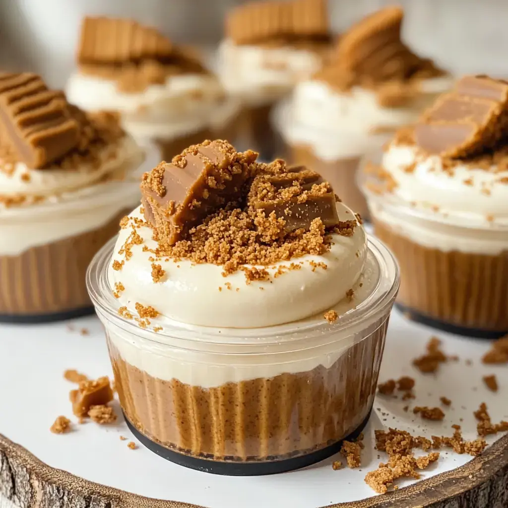 A close-up of dessert cups featuring layered cheesecake topped with cream frosting, crumbled cookies, and chocolate pieces.