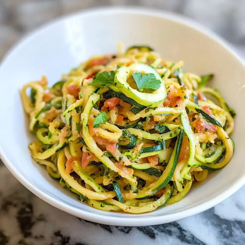 A bowl of zucchini noodles mixed with tomatoes and garnished with fresh cilantro.