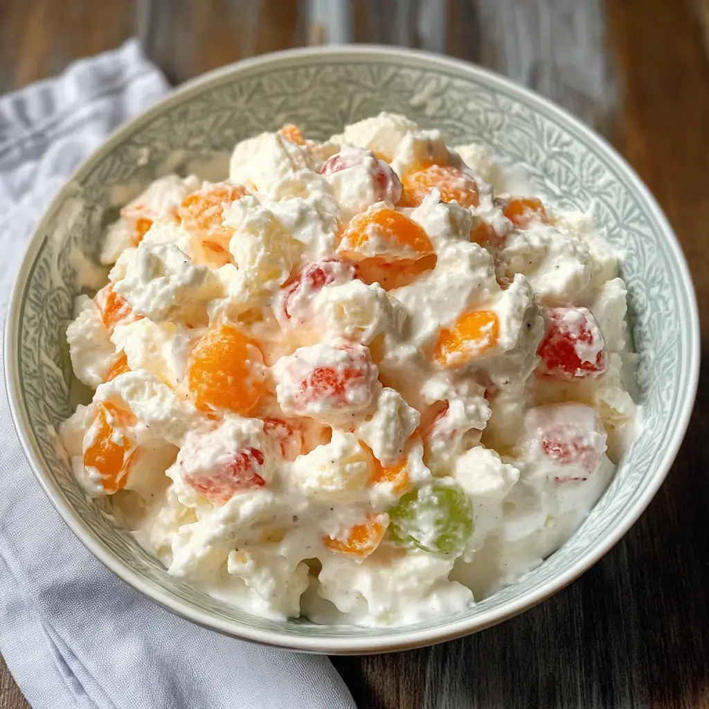 A bowl of colorful fruit salad featuring pieces of melon, grapes, and cream.