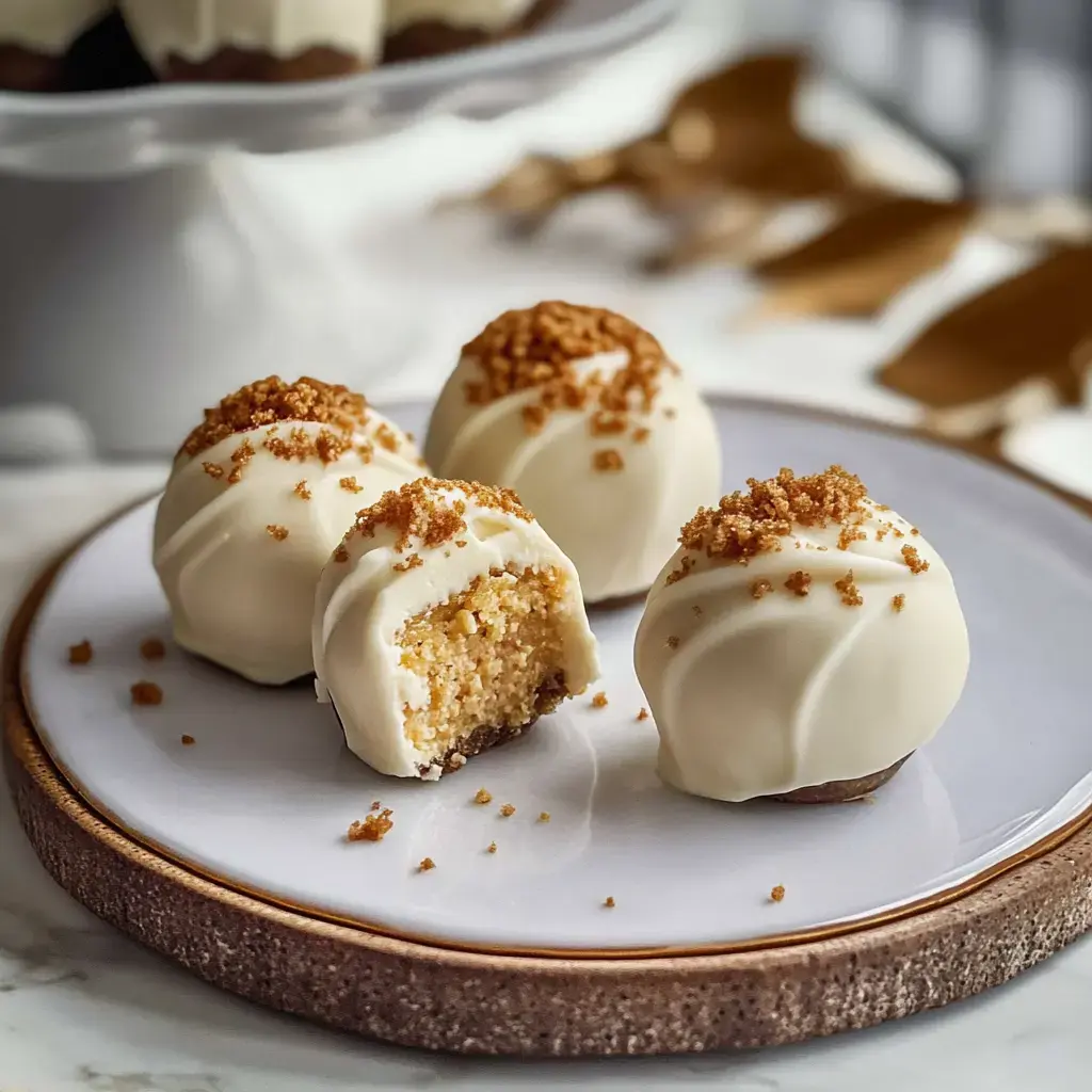 A plate of white chocolate-covered cake balls, with one cut in half to reveal the cake filling and topped with crumbly brown sugar.