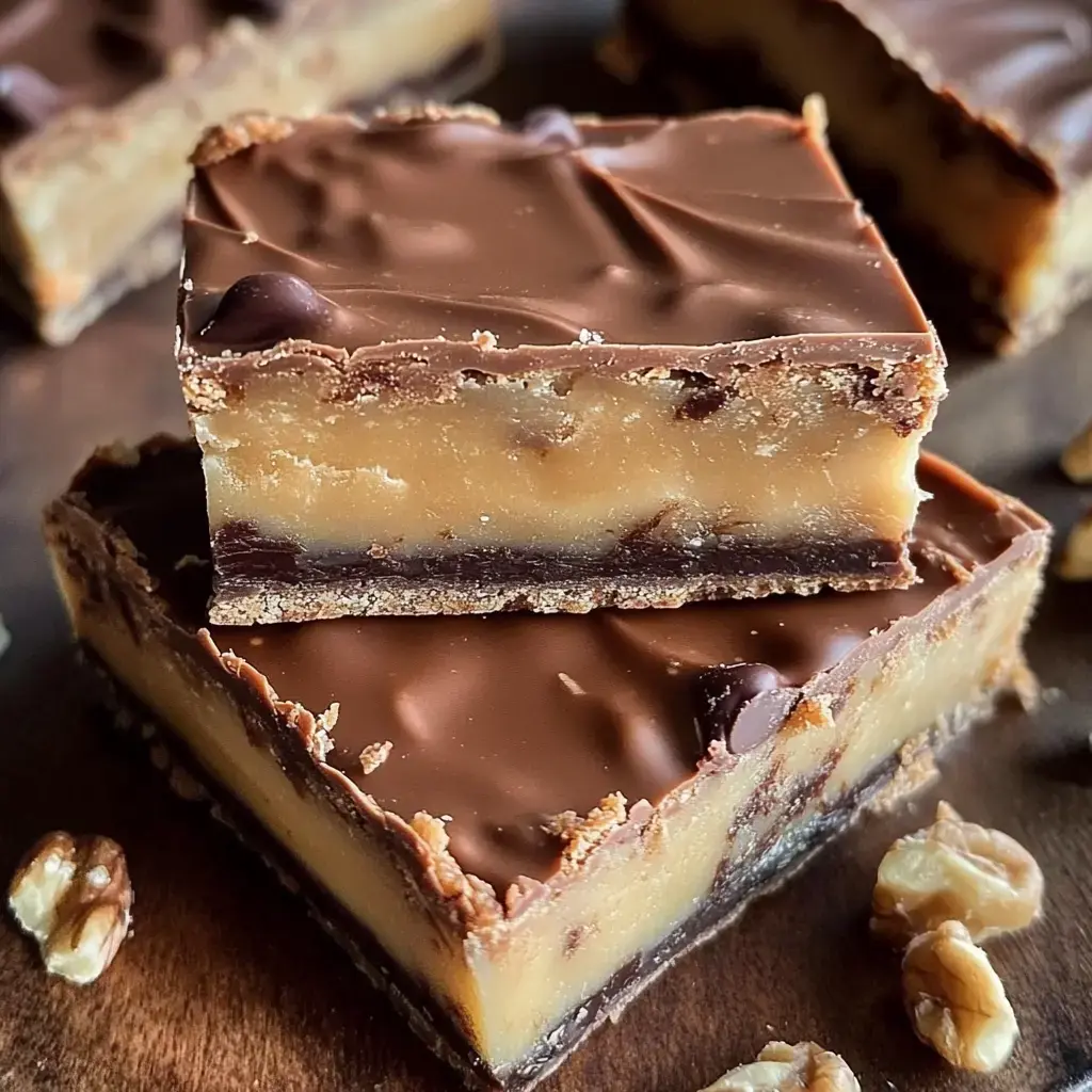 A close-up of layered chocolate and creamy fudge bars with a walnut backdrop.