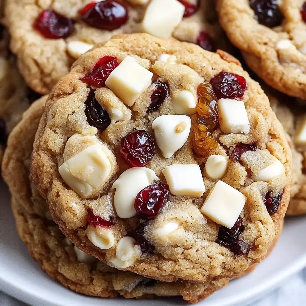 A close-up of a stack of cookies studded with white chocolate chunks and dried cranberries.