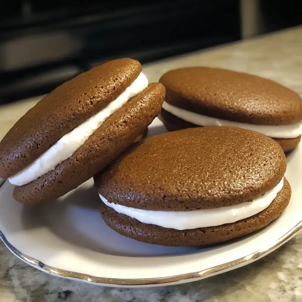 A plate of three chocolate whoopie pies filled with white cream.