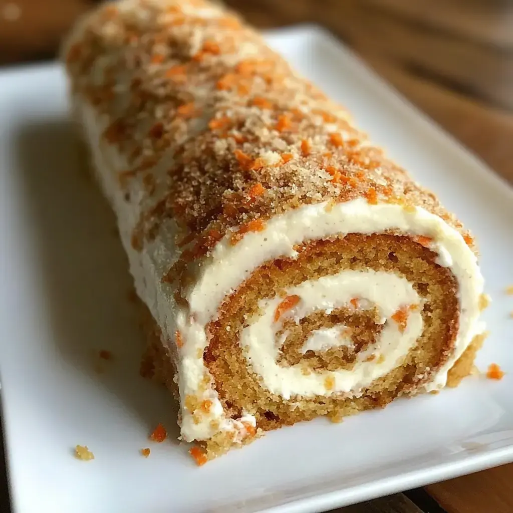 A sliced carrot cake roll filled with cream cheese frosting and topped with crumbs and orange zest.