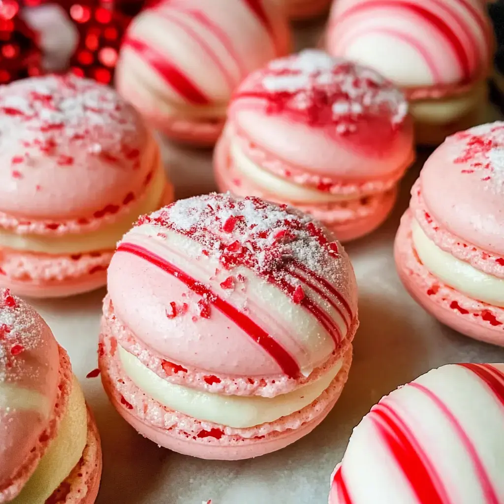 A close-up of pink and white striped macarons topped with red sprinkles and powdered sugar.