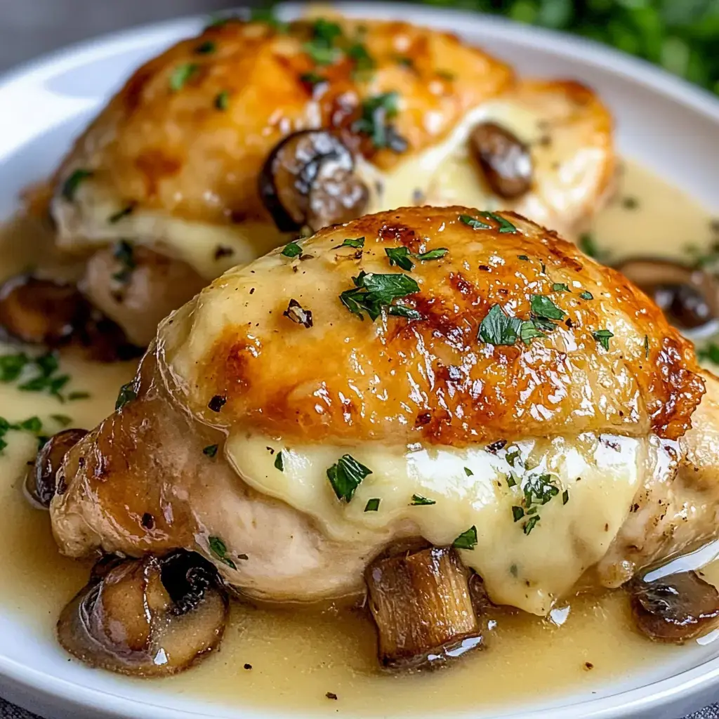 A close-up of cooked chicken thighs topped with melted cheese and garnished with parsley, served in a light sauce with mushrooms.