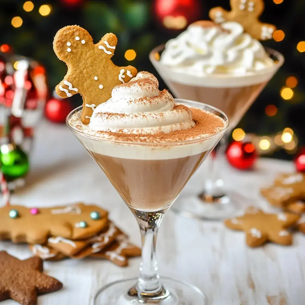 A festive cocktail adorned with whipped cream and a gingerbread cookie sits on a table decorated with holiday treats and ornaments.