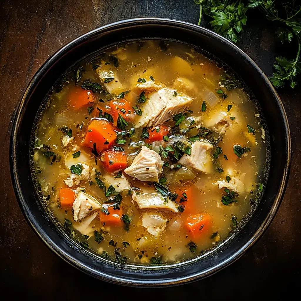 A black bowl filled with chicken soup containing diced chicken, carrots, and herbs, set on a wooden surface.