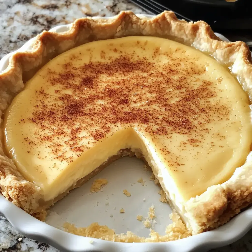 A creamy pie with a golden filling and a slice removed, resting in a fluted crust and topped with a sprinkle of cinnamon.