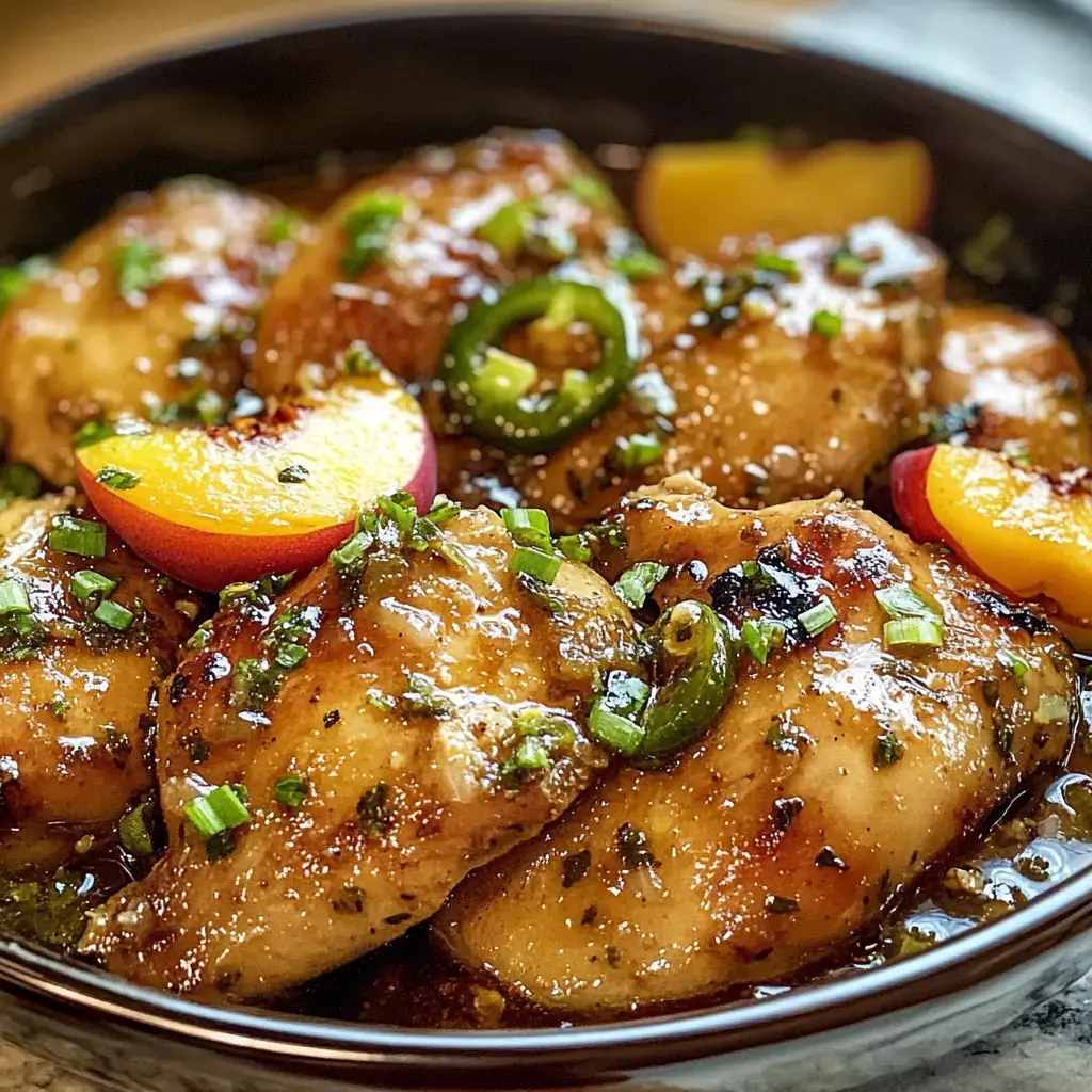 A bowl of glazed chicken thighs topped with sliced peaches and chopped green onions, garnished with jalapeño slices.