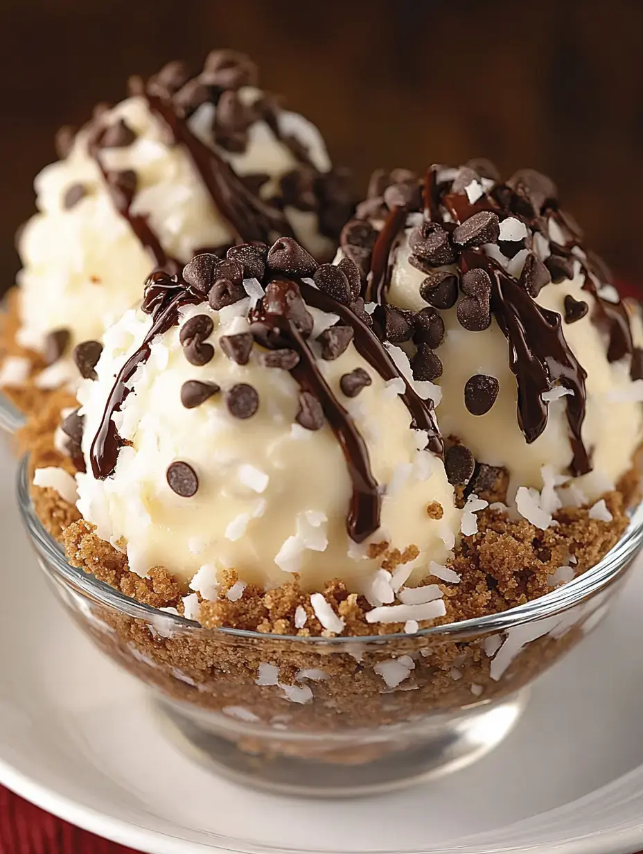 A glass bowl filled with three scoops of vanilla ice cream topped with chocolate drizzle, mini chocolate chips, and shredded coconut, resting on a layer of crumbled graham crackers.