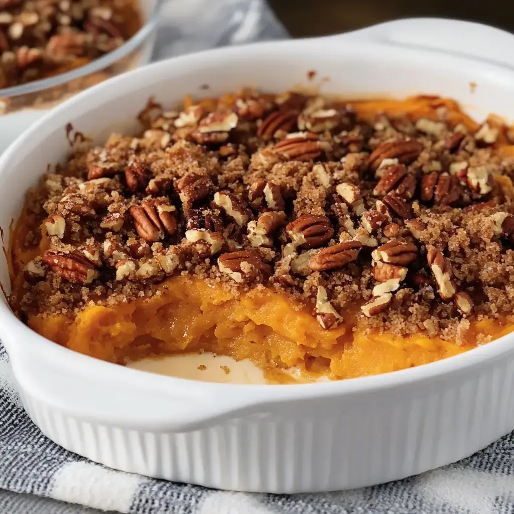 A close-up of a baked sweet potato dish topped with a crumbly pecan and brown sugar mixture in a white dish.