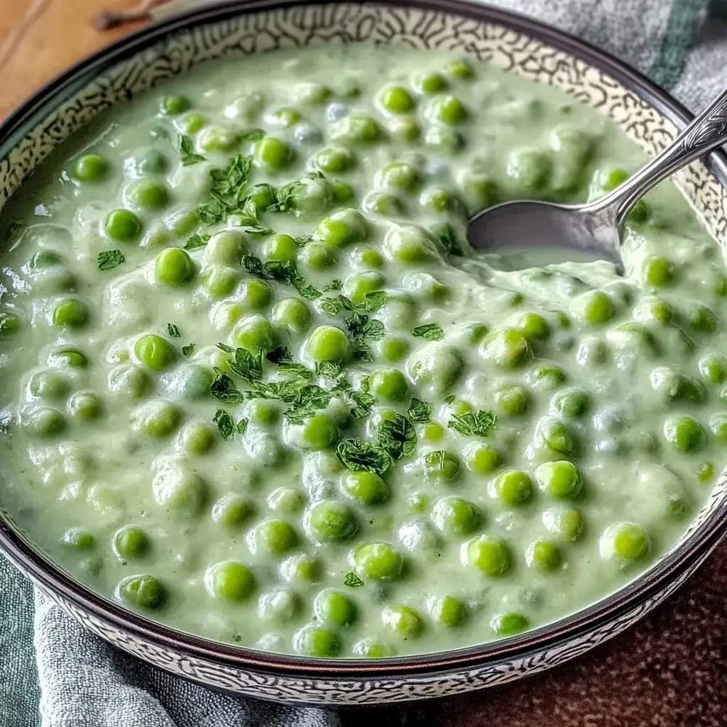 A creamy green pea dish garnished with fresh herbs in a decorative bowl.