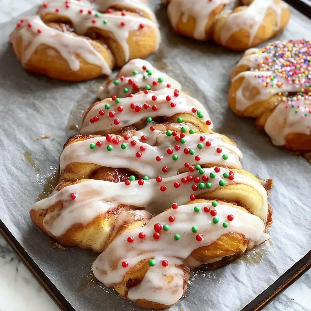 A festive cinnamon roll shaped like a Christmas tree, drizzled with icing and topped with red and green sprinkles, sits on a baking sheet.