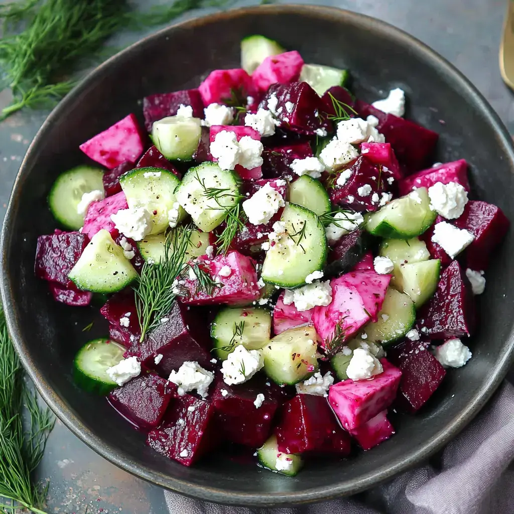 A colorful salad featuring diced beets, cucumbers, and feta cheese, garnished with fresh dill on a dark plate.