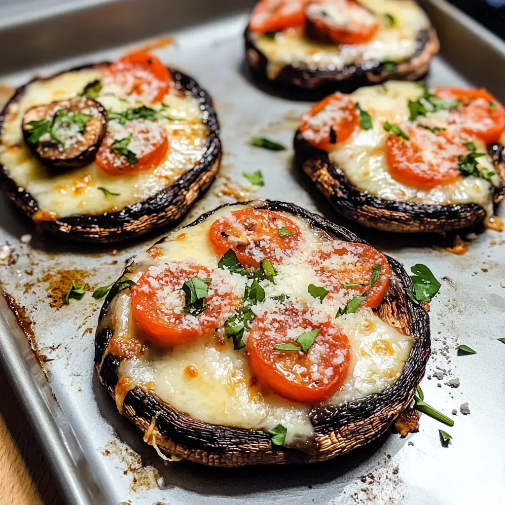 Four baked portobello mushrooms topped with melted cheese, sliced tomatoes, and fresh herbs, arranged on a metal baking tray.