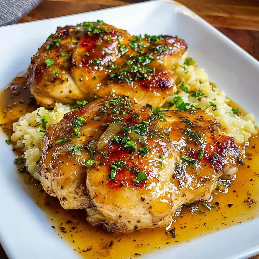 A plate of glazed chicken thighs topped with parsley served over a bed of creamy mashed potatoes.