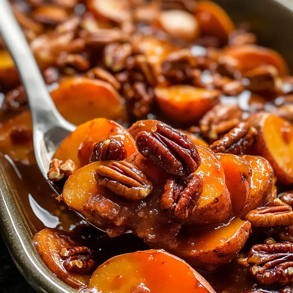 A close-up image of sliced sweet potatoes topped with pecans in a glossy syrup.