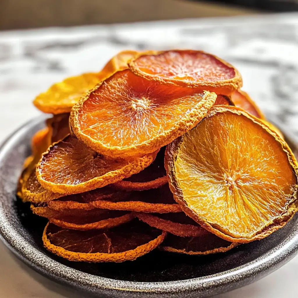 A close-up of a stack of dried orange slices arranged on a dark plate.