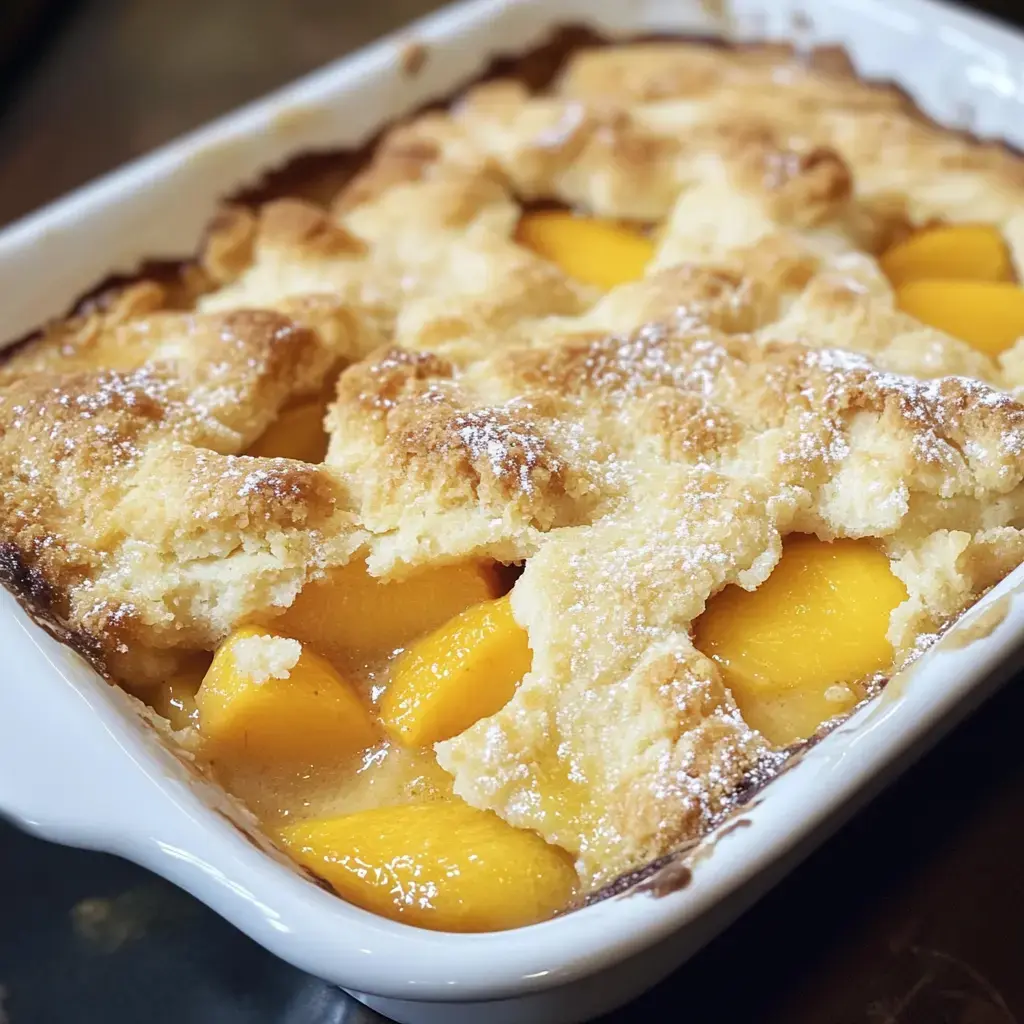 A close-up of a freshly baked peach cobbler topped with a golden, flaky crust and dusted with powdered sugar.