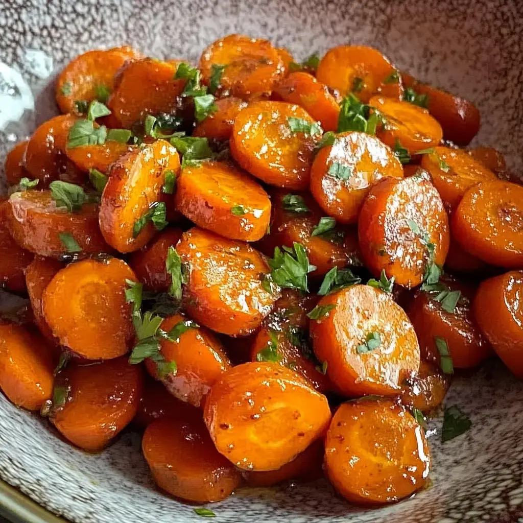 A close-up view of glazed sliced carrots garnished with chopped parsley in a textured bowl.