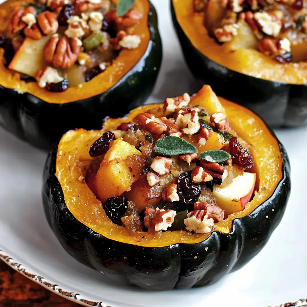 Three acorn squashes are baked and filled with a sweet mixture of apples, nuts, and dried fruits, garnished with sage leaves.