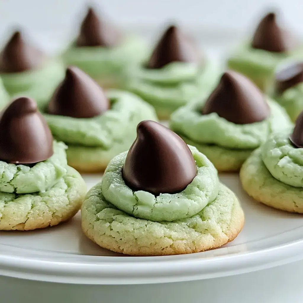 A plate of cookies topped with green frosting and a chocolate kiss.