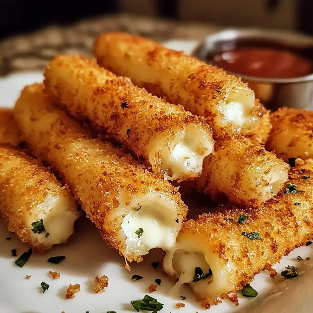 A close-up of golden-brown, crispy cheese sticks arranged on a plate, served with a small bowl of marinara sauce.