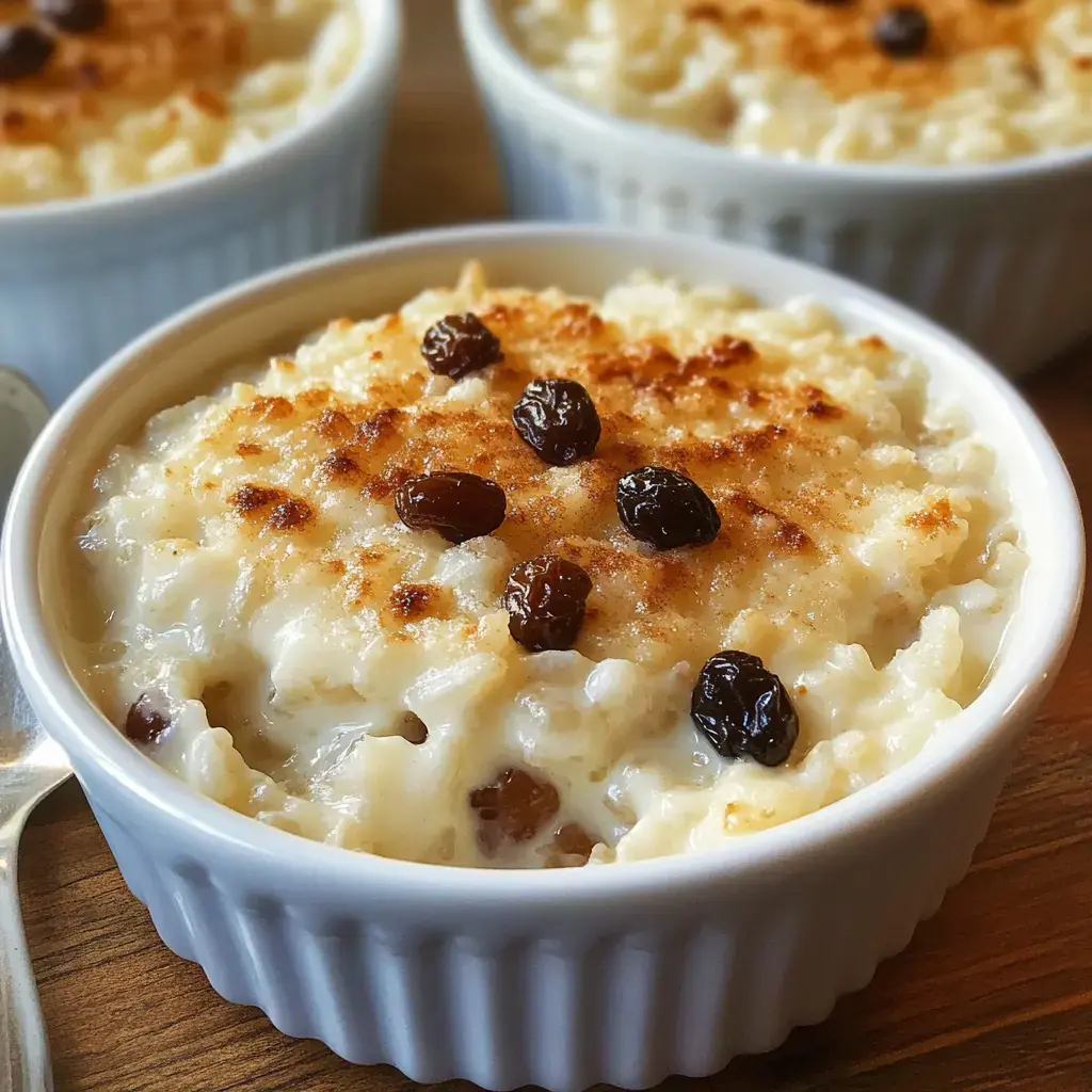 A creamy baked rice pudding with a golden brown top, garnished with raisins, served in a white ramekin.