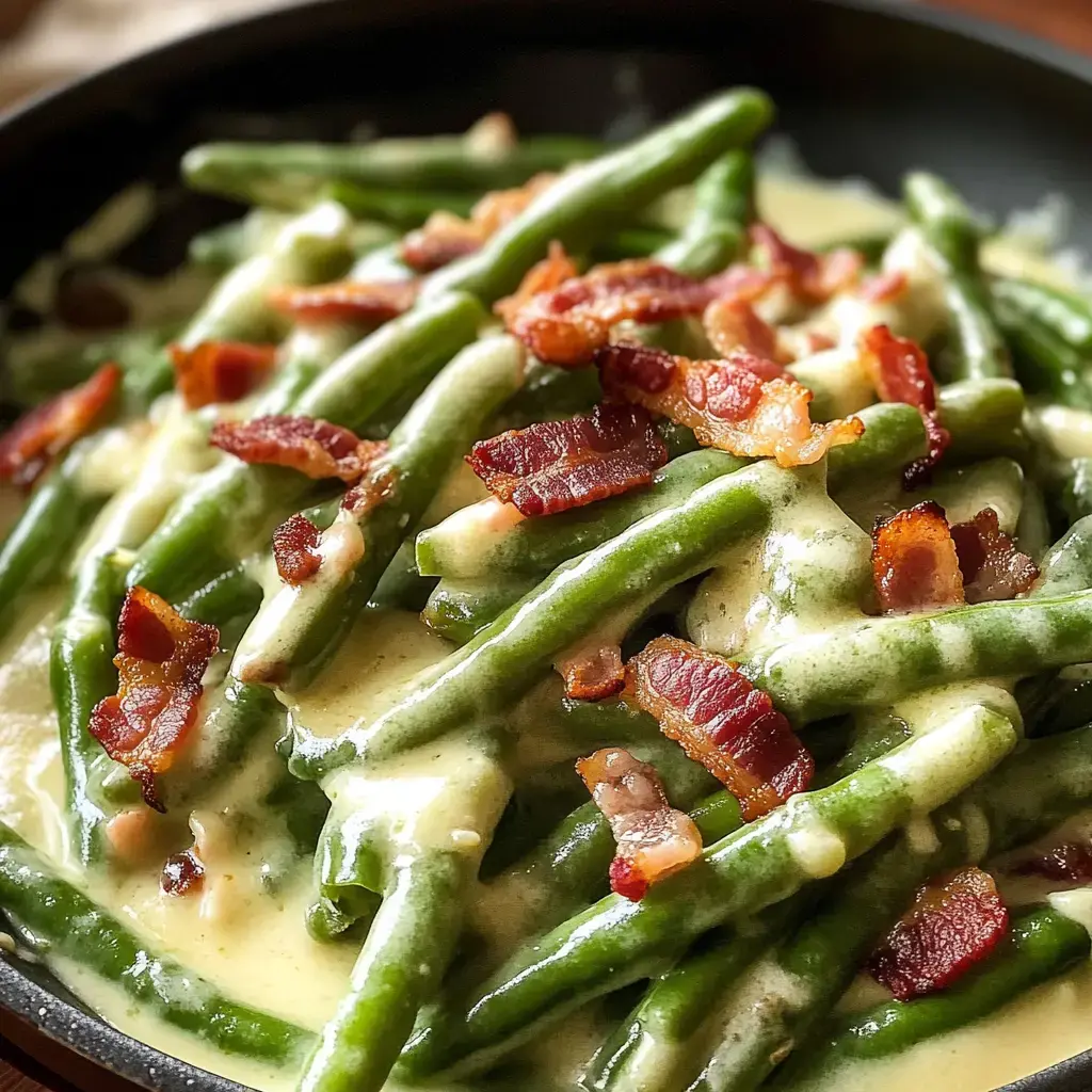 A close-up of green beans topped with crispy bacon and coated in a creamy sauce.