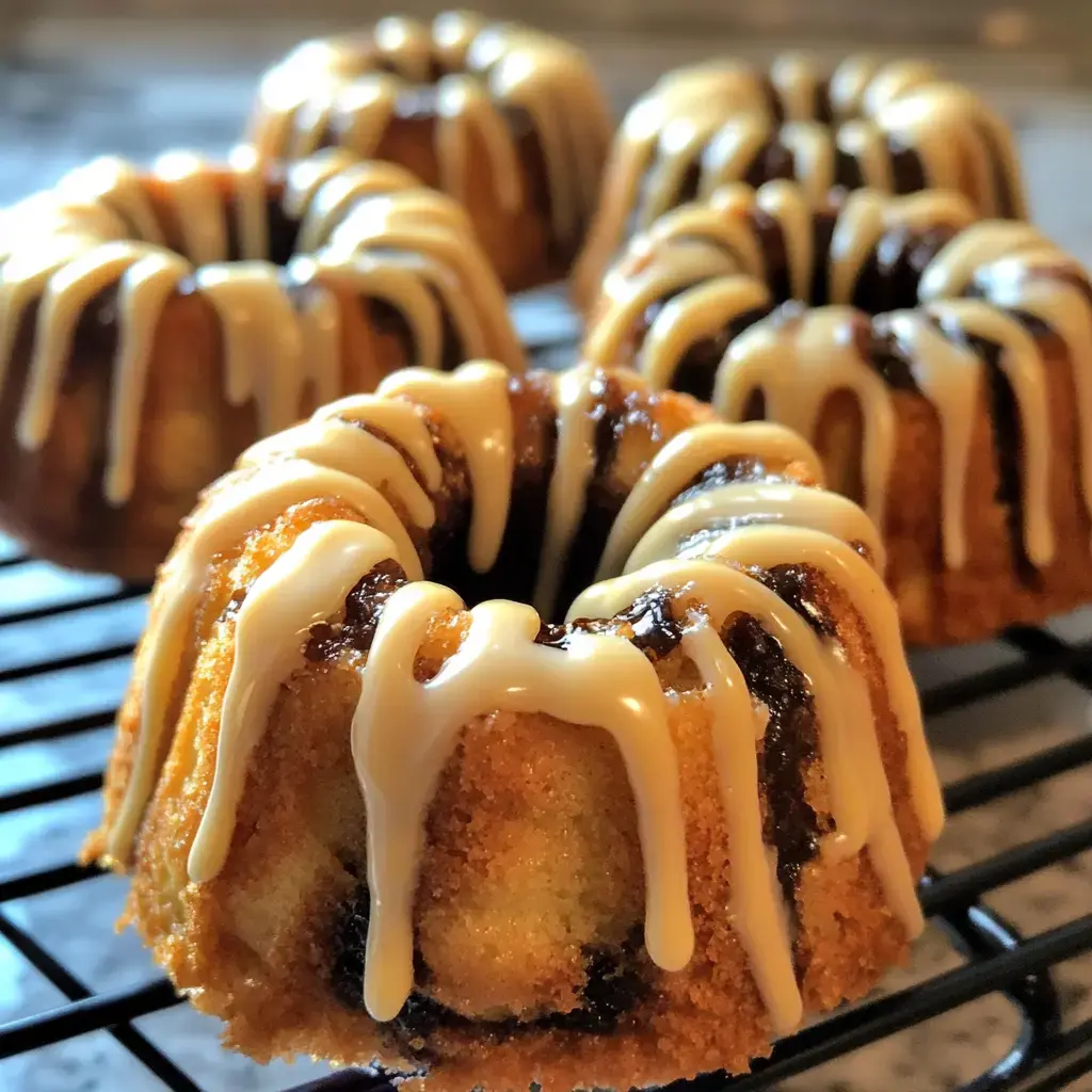 Four miniature bundt cakes are placed on a cooling rack, drizzled with a creamy white icing.