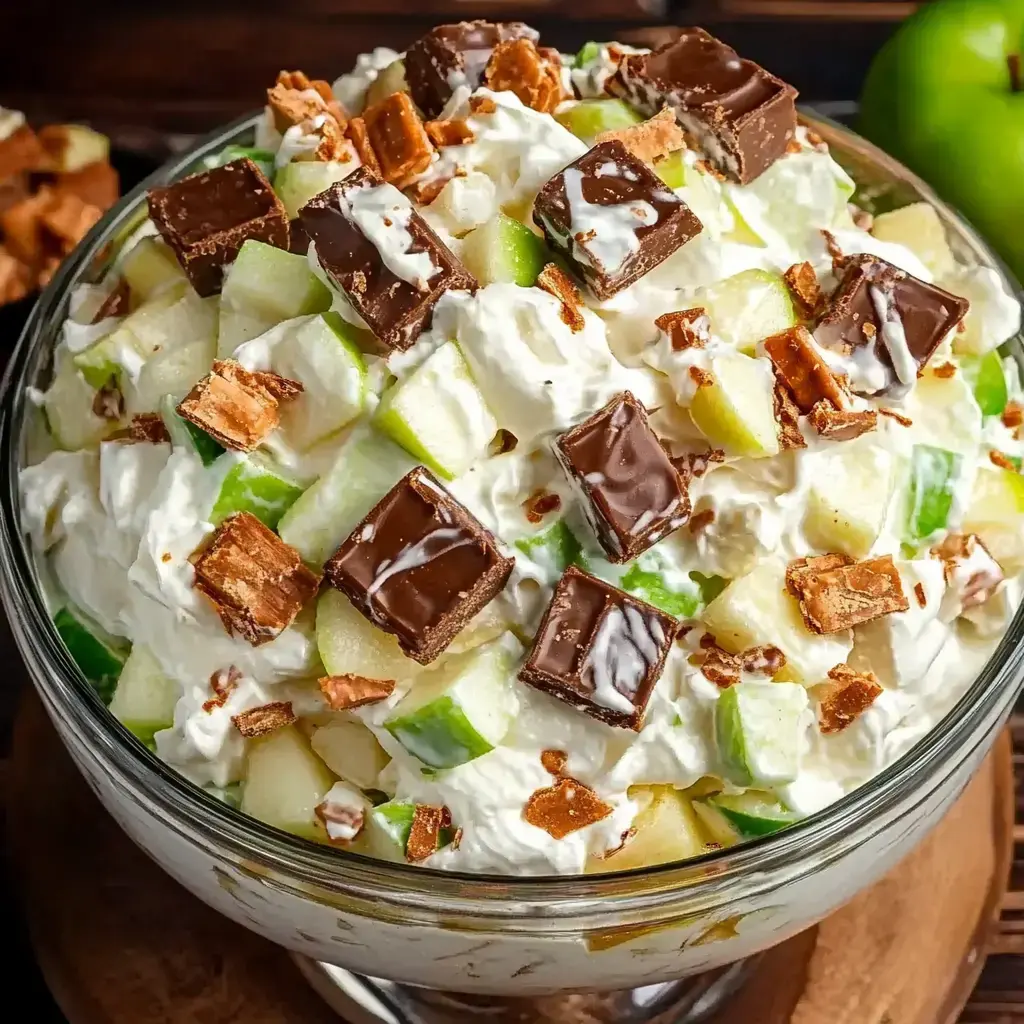 A glass bowl filled with a creamy dessert featuring diced green apples, chocolate pieces, and crushed toffee bits on top.