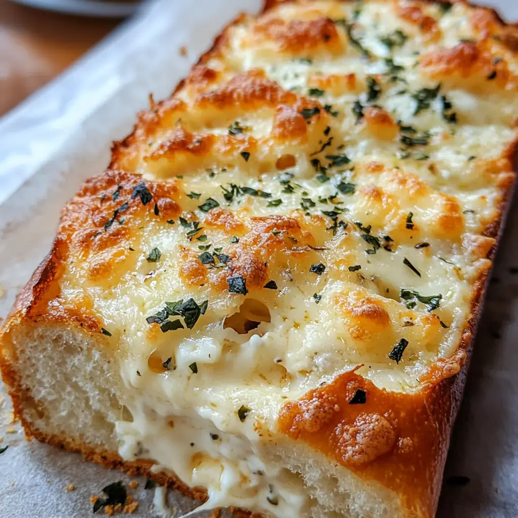 A freshly baked loaf of bread topped with melted cheese and herbs, showcasing a gooey, creamy interior.