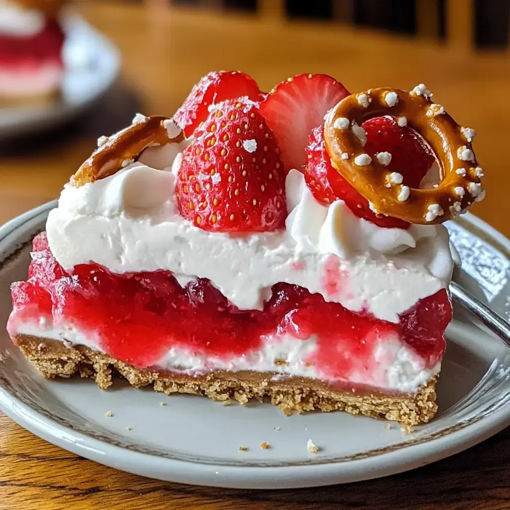 A slice of layered dessert with strawberries, whipped cream, and a pretzel garnish on a plate.