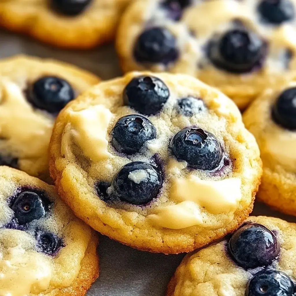 A close-up of freshly baked blueberry cookies topped with cream and plump blueberries.