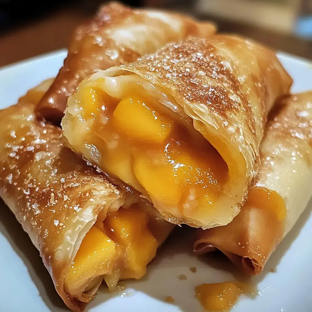 A close-up of three crispy, golden-brown spring rolls filled with sweet mango chunks, placed on a white plate.