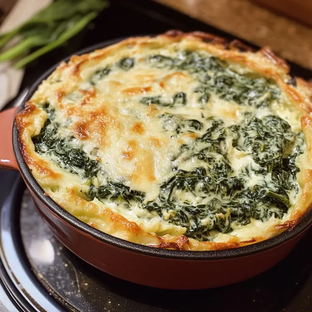 A freshly baked spinach and cheese casserole with a golden, bubbly top is presented in a round dish.