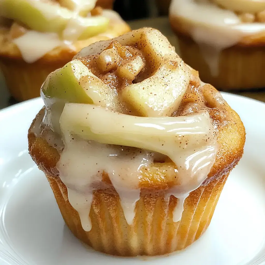 A close-up of a cinnamon apple cupcake topped with drizzle and slices of green apple.