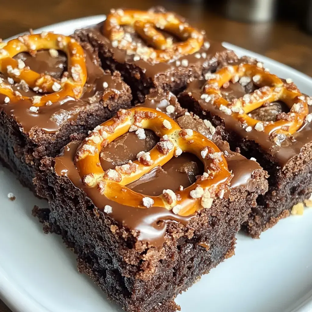 A close-up of chocolate brownies topped with chocolate frosting, pretzels, and a sprinkle of salt on a white plate.